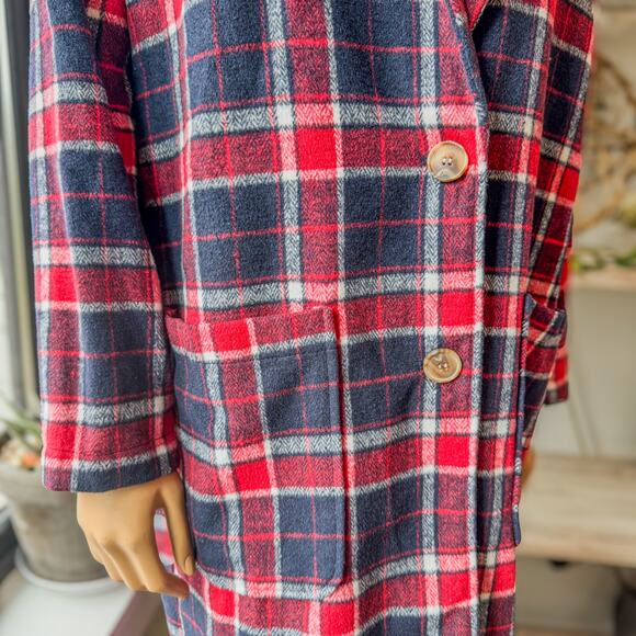 Hem & Thread Red & Navy Plaid Flannel Trench Style Coat Jacket, Women's Small - Picture 6 of 10